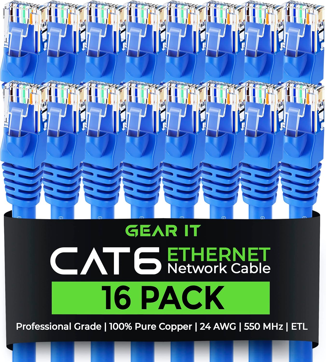 GearIT Cat 6 Ethernet Cable (16-Pack 7 Feet) Cat6 Network Patch, 10Gbps, RJ45, Snagless Cord, Gold-Plated Connectors, Internet for PC, TV, Tablet, Router, Printer, Servers, IT Data Center - Blue