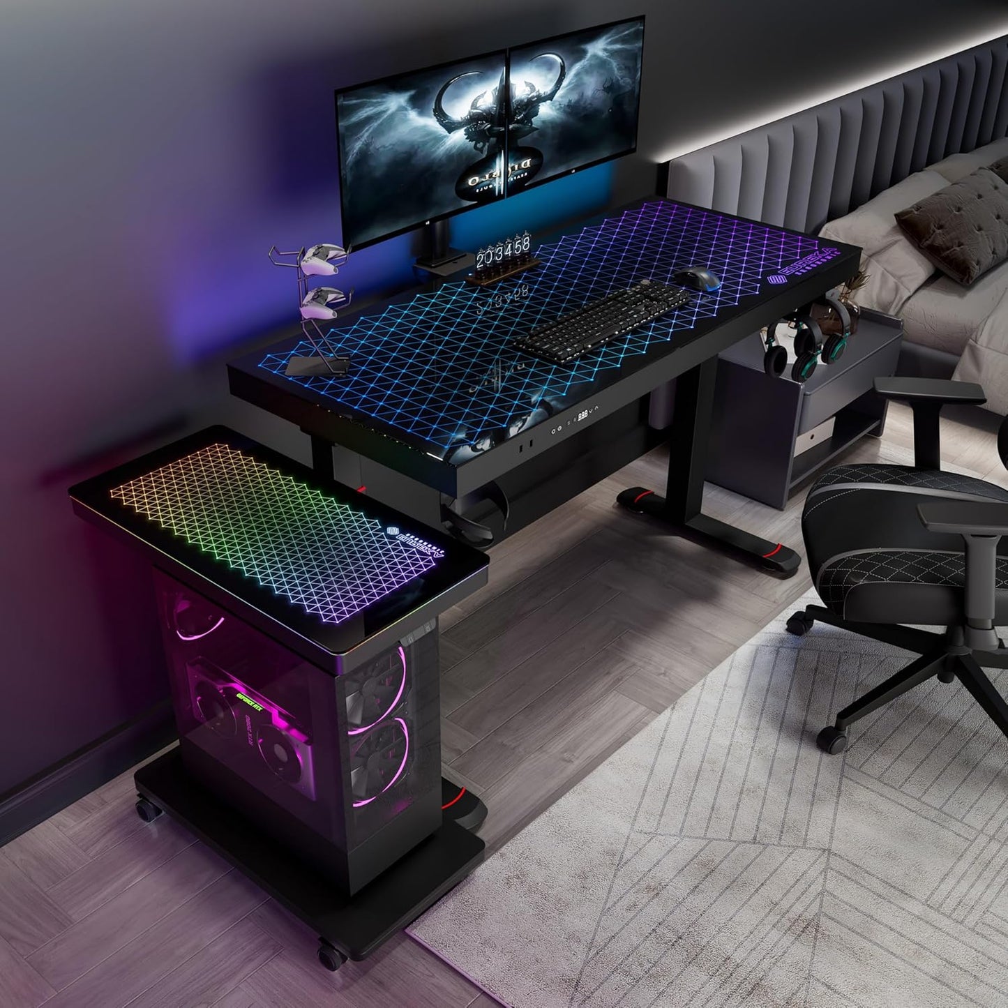 EUREKA ERGONOMIC Height Adjustable Computer Tower Stand, Illuminated Glass Panel PC Stand w/RGB Lights, 2-Tier CPU Holder Cart Under Desk, PC Floor Stand for Office Gaming, APP Control