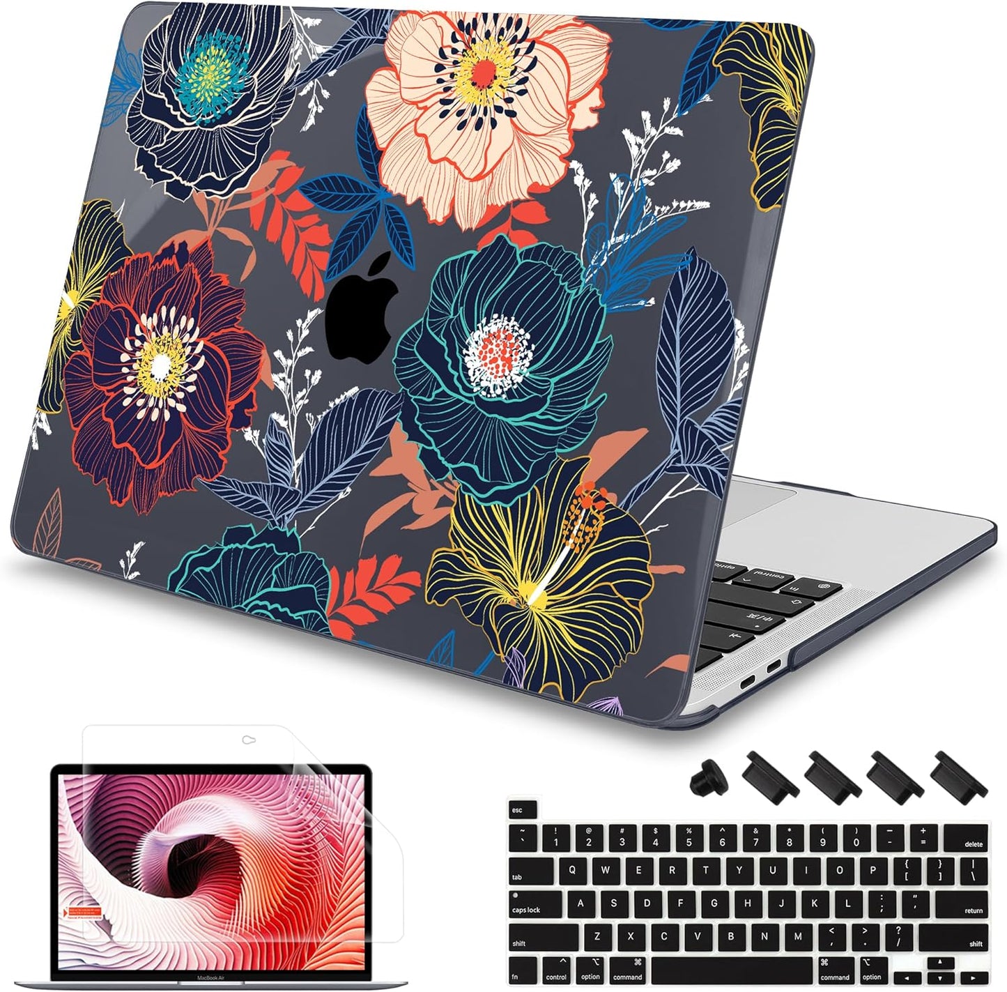 Mektron for MacBook Pro 16 inch A2141 Case 2020 2019 Release with Retina Display & Touch Bar & Touch ID, Plastic Hard Shell Cover Keyboard Skin Screen Protector Dust Plug，Dahlia Flowers