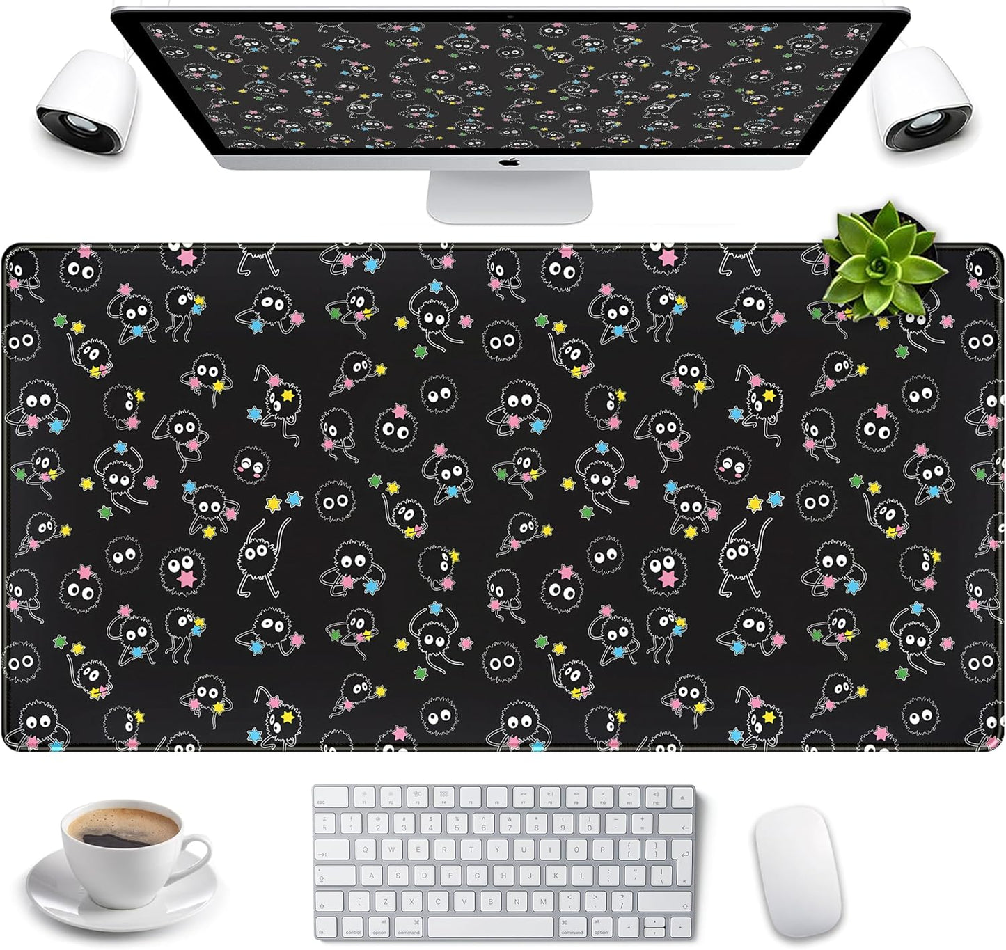 Desk Mat Cute Black Anime Sprite Gaming Mouse Pad XXL Large Extended Kawaii Laptop Keyboard Mouse Mat with Stitched Edges, Non-Slip Computer Desktop Mat for Women Office Desk Decor 31.5x15.7 in