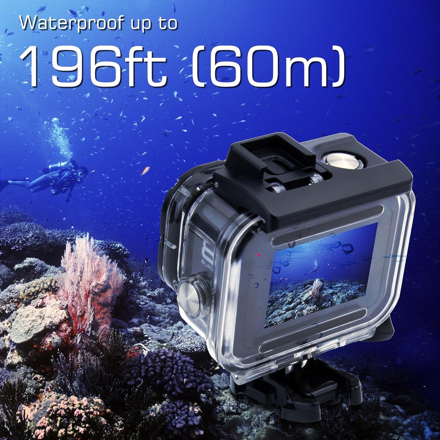 60M/196FT Waterproof Housing Case for GoPro Hero 8 Black, Dual Cold Shoe Slots Protective Underwater Diving Housing Shell for GoPro Hero 8 Black Action Camera