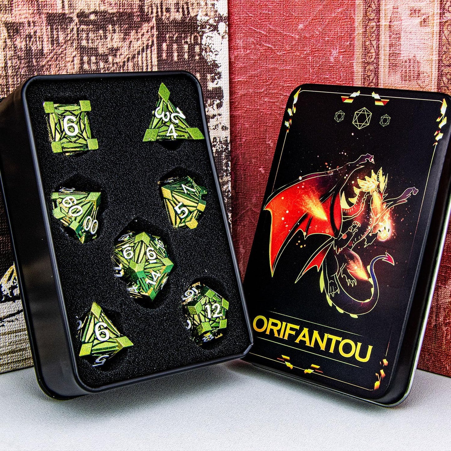 7PCS Metal DND Dice Set with Box, Debris RPG Green Yellow D and D Dice for use with D&D Tabletop Games Role Playing Game Polyhedral Dice Set D20 D12 D10 D8 D6 D4