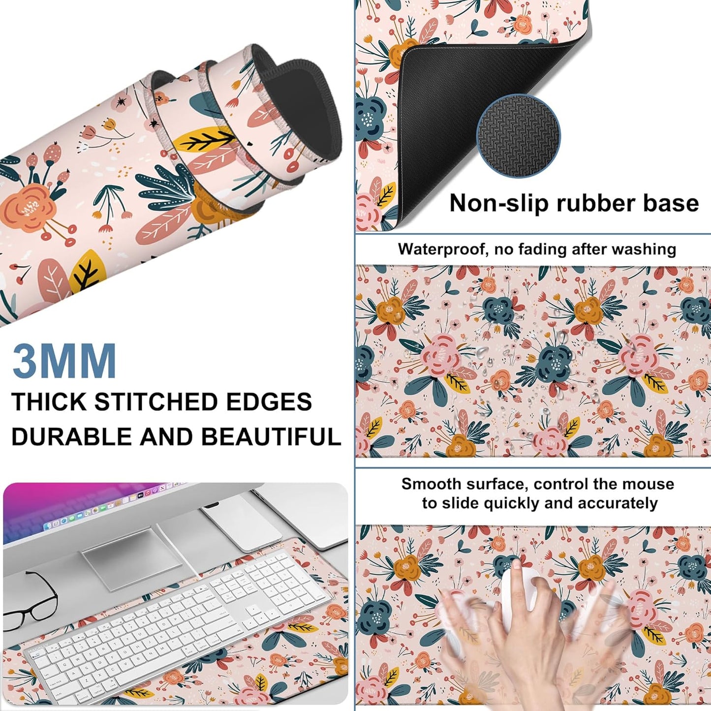 Gaming Desk Pad Large Extra Length Hand Drawn Floral Mouse Pad Keyboard Laptop Non-Slip Waterproof with Rubber Base Thick Stitched Edge Mouse Mat for Office Home 35.4 x 15.7 Inches