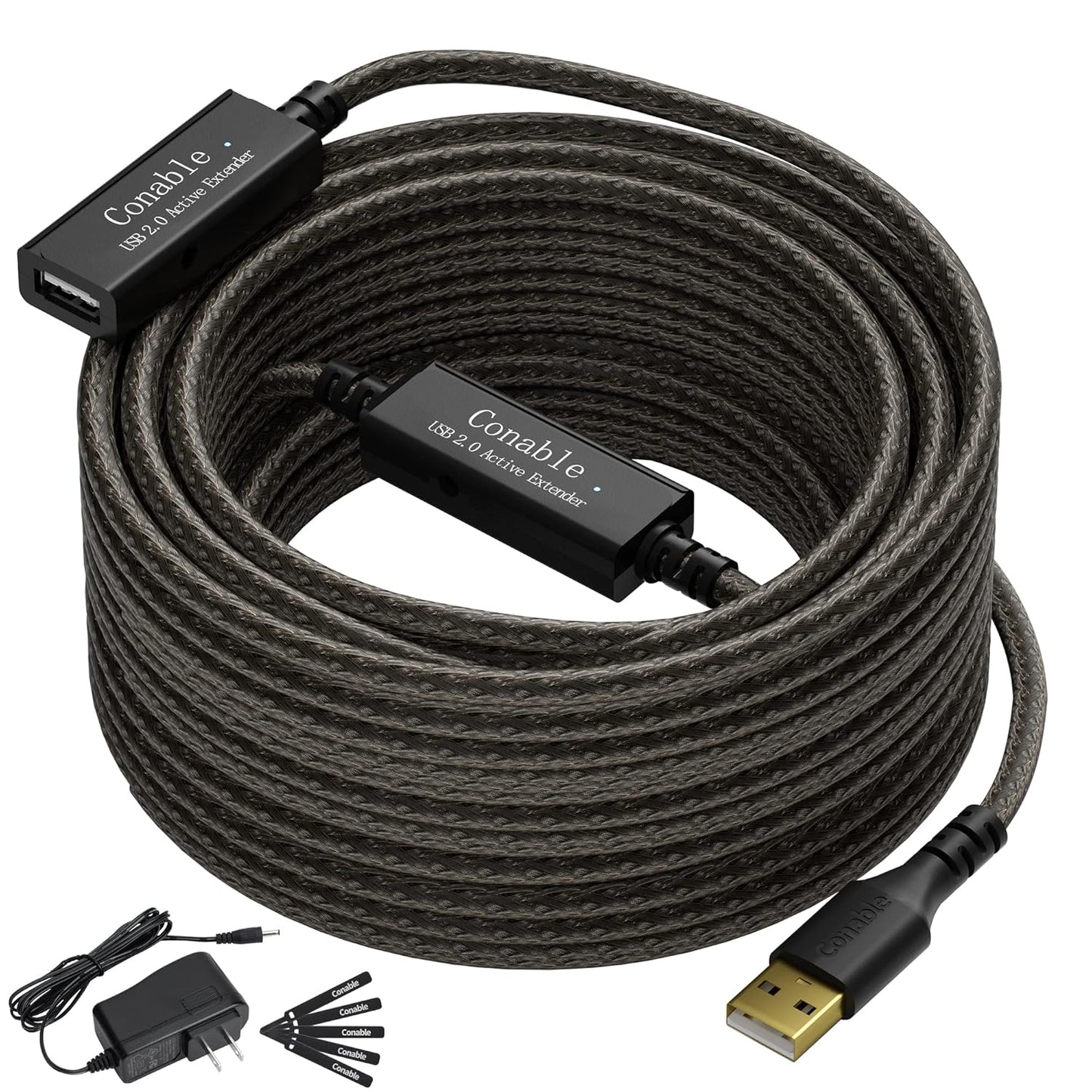 Active USB Extension Cable 100 Feet, USB 2.0 A Male to Female Repeater Cord, with 2 Extension Chipsets Signal Booster, 22AWG Tinned Pure Copper, (AC Power Supply Included)