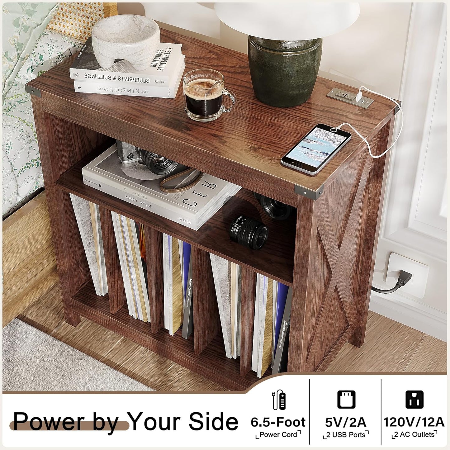 ChooChoo Large Record Player Stand with Charging Station & LED Light, Vinyl Record Holder hold up to 300 Albums, Farmhouse End Table for Bedroom, Living Room, Walnut