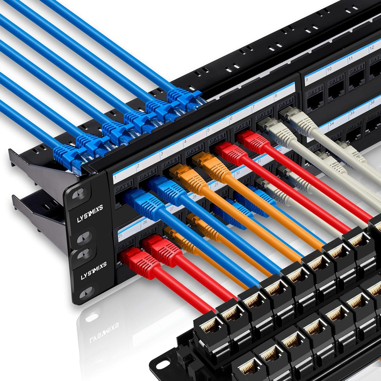 48 Port RJ45 Cat6 Patch Panel, 19 Inch, Black, Easy Install & Repair, Gold Plated Keystone, Rack Mountable
