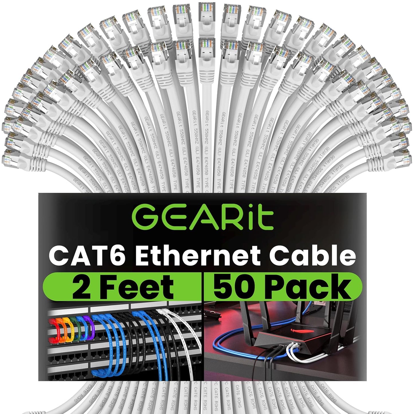 GEARit Cat 6 Ethernet Cable (50-Pack 2 Feet) Cat6 Network Patch, 10Gbps, RJ45, Snagless Cord, Gold-Plated Connectors, Internet for PC, TV, Tablet, Router, Printer, Servers, IT Data Center - White