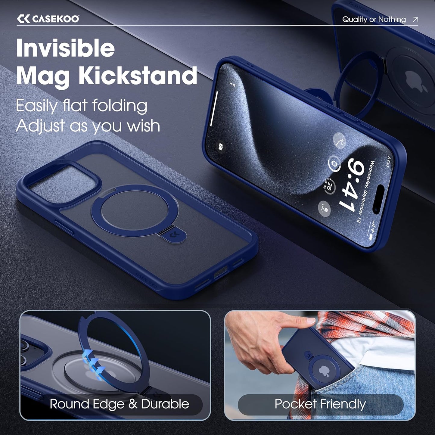 CASEKOO Designed for iPhone 15 Pro Case with Magnetic Invisible Stand [Military Drop Protection] [Compatible with MagSafe] Shockproof Slim Translucent Matte Pro Case 6.1 Inch, Blue