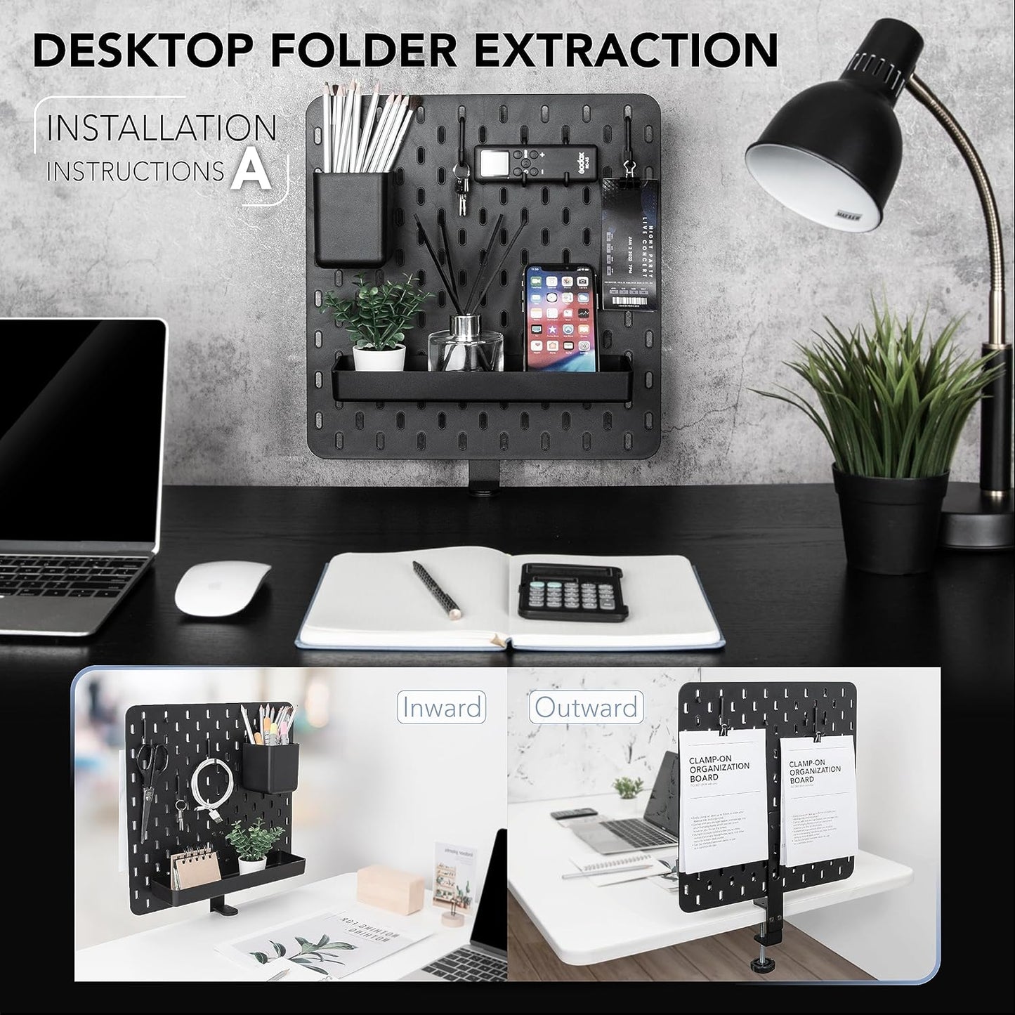 EHO Clamp-On Desk Pegboard, 13.5 x 14 inch Privacy Divider, Desk Partition Panel, No-Drill Desk Mounted Organizer, Combination Peg Board for Office, Gaming, Home, Plants, Black