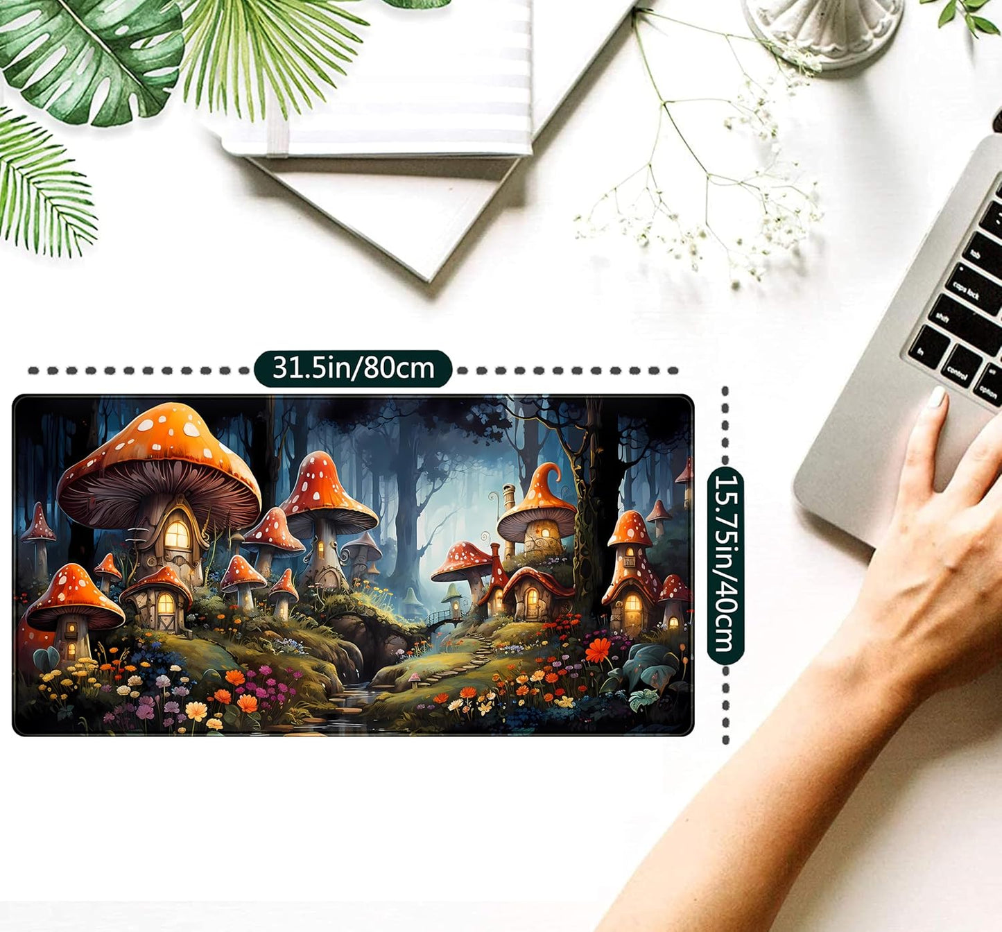 Cute Anime Mushroom Desk Pad Floral Desk Mat, XXL Large Extended Mousepad Gaming Mouse Pad Computer Mat with Stitched Edges, Fantasy Office Decor Laptop Keyboard and Mouse Mat, 31.5x15.75 in