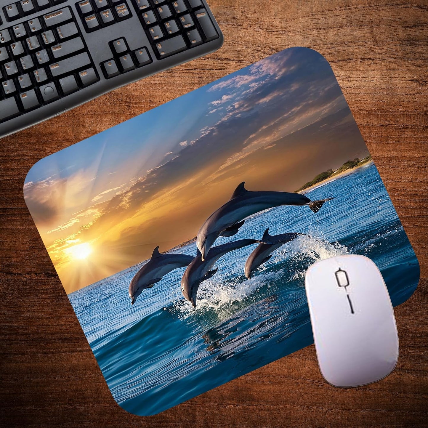 Coastal Shoreline Waves Sandy Beach Theme Mouse Pad Mat Mousepad for Desk Computer Laptop PC Gaming Home or Office Gift (Dolphin Sunset MP18)
