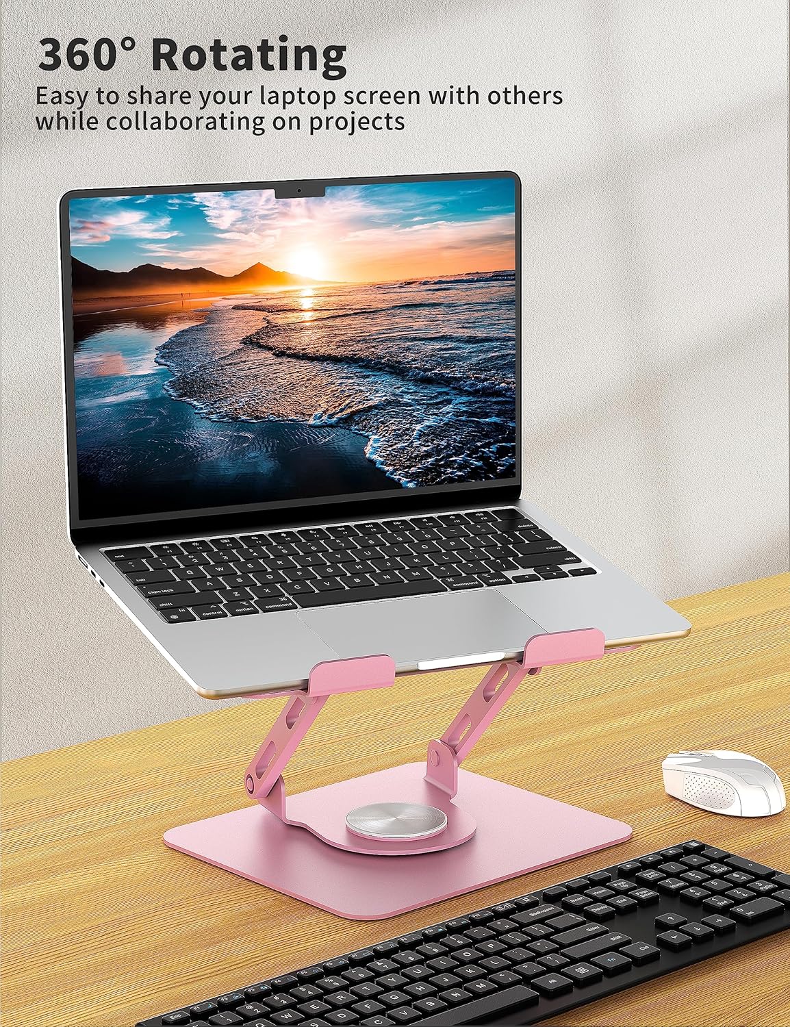 SOUNDANCE Laptop Stand with 360° Rotating Base, Ergonomic Computer Riser for Desk, Adjutable Height Muti-Angle, Foldable Laptop Mount, Stable Metal Holder Support 10-15.6" Notebook PC, Pink