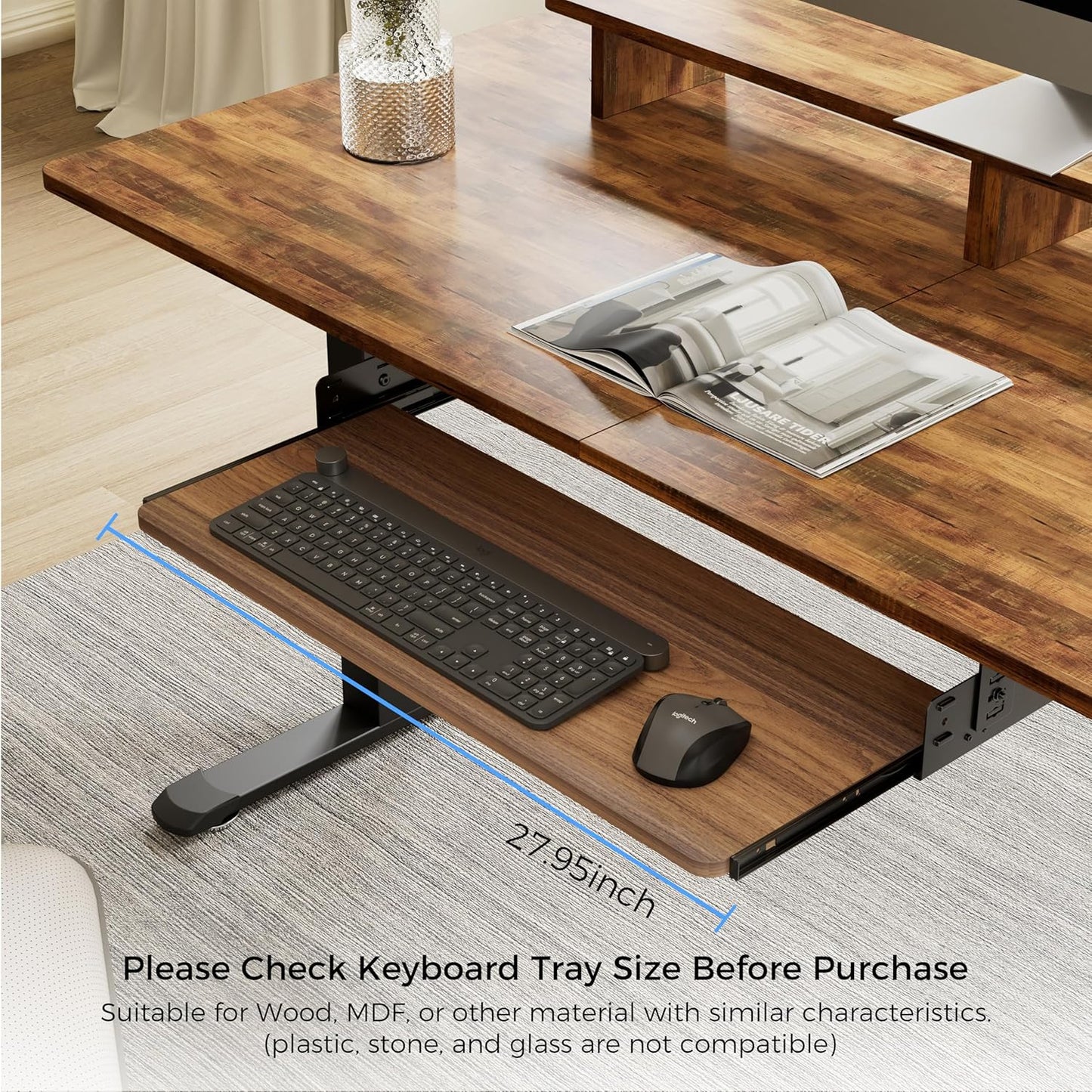 EUREKA ERGONOMIC Adjustable Keyboard Tray Under Desk, 28x11 Inch Large Slide Out Keyboard & Mouse Platform Tray, Wooden Pull Out Computer Keyboard Drawer for Typing Home Office Desk, Walnut